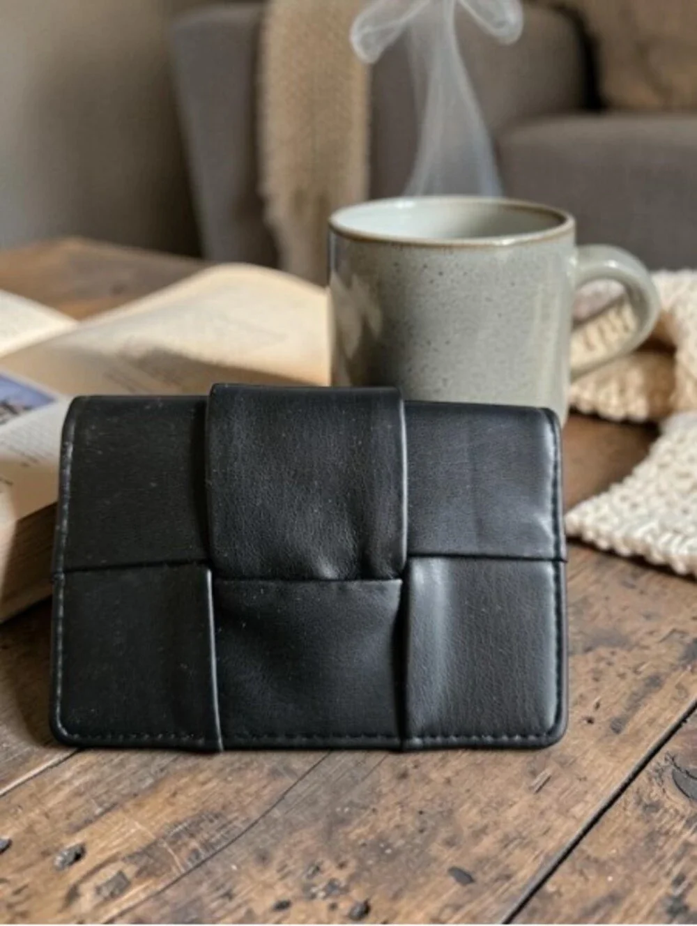 Black Woven Leather Card Holder Wallet Slim Bifold Credit Card Case